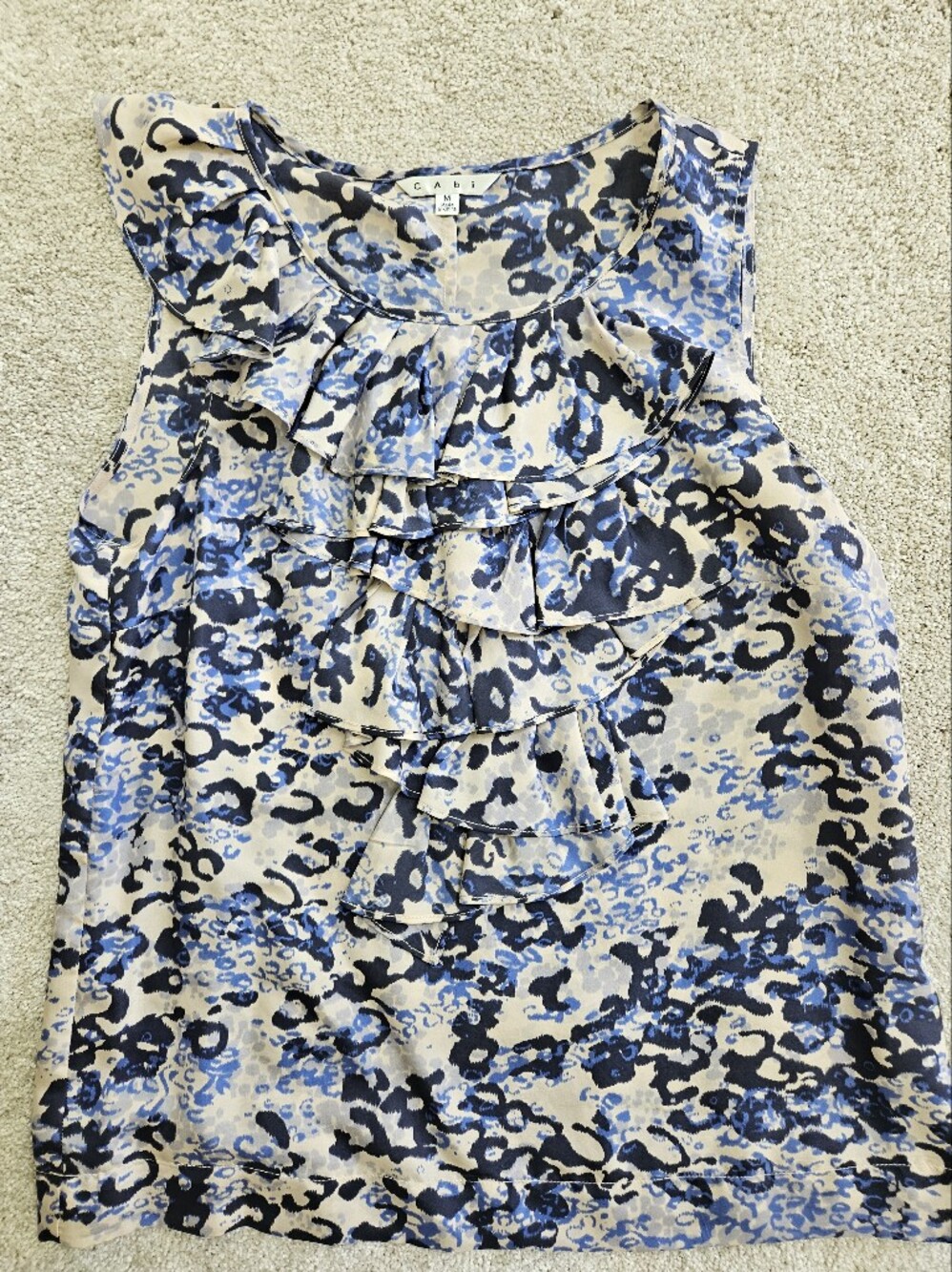 CAbi Blue and Beige Print Ruffle Top